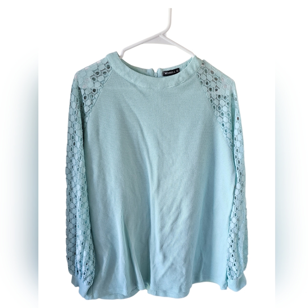 MIHOLL Mint Green Waffle Knit Top with Lace Balloon Sleeves Size XL